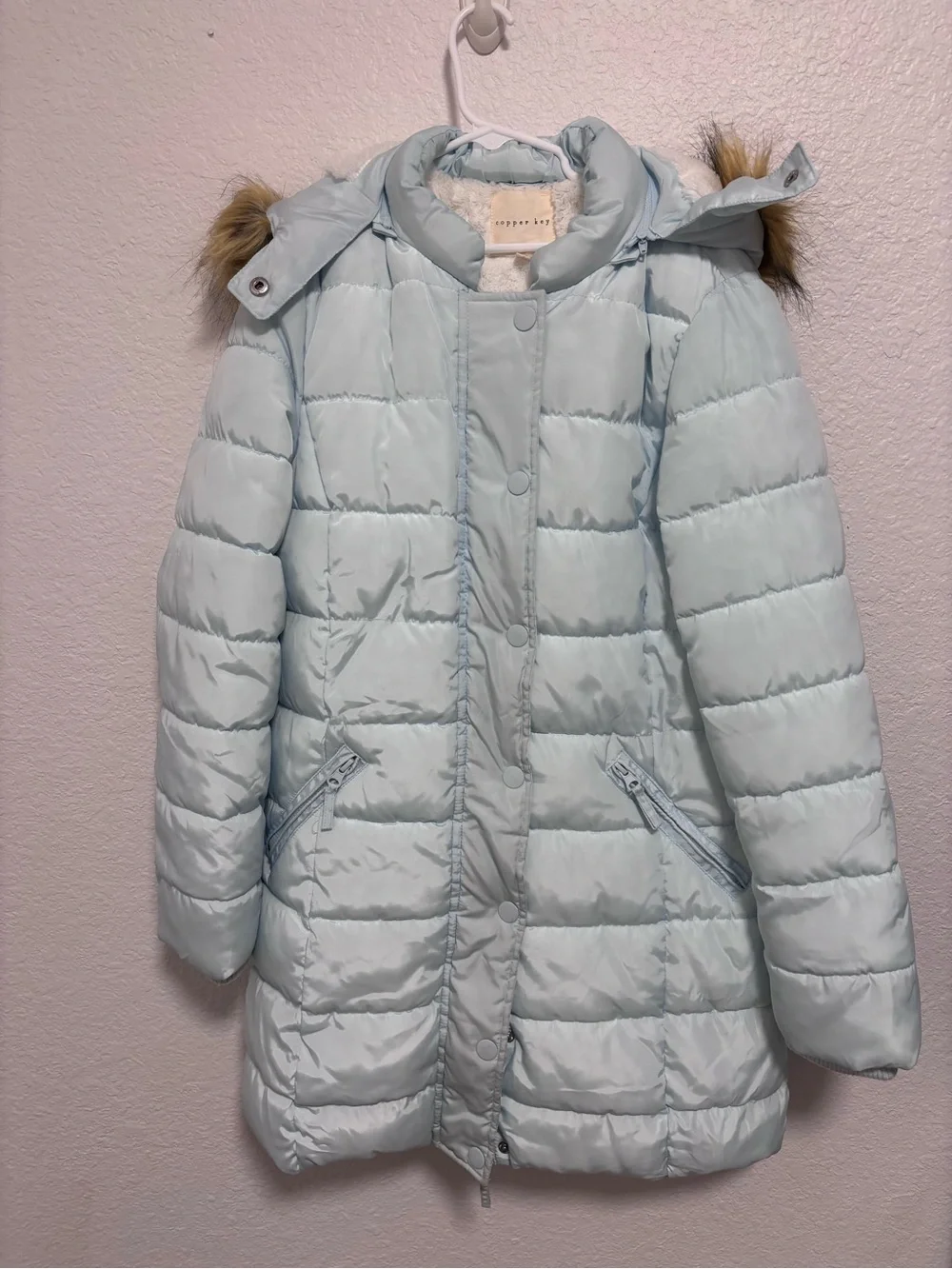 Light Blue Girls' Puffer Coat with Faux Fur Hood